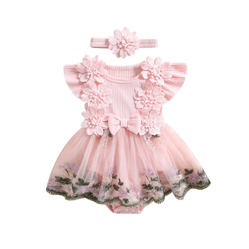 Douhoow Baby Girl Dress Romper Baby Romper Dress Flowers Embroidery Tulle Skirt Infant Girl Summer Clothes with Headband (Pink, 3-6 Months) - Image 1
