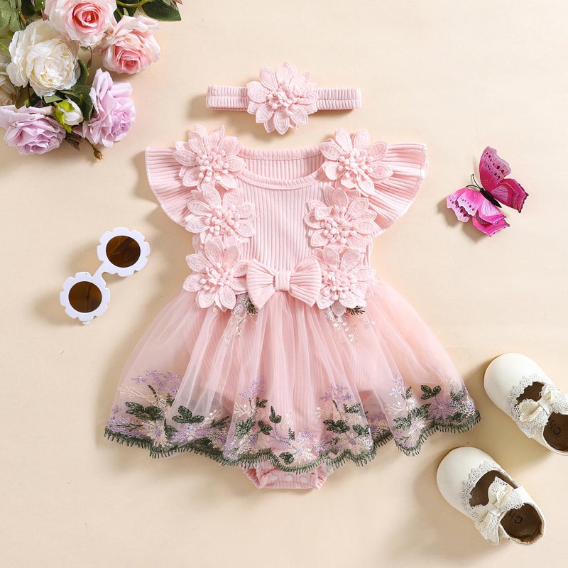 Douhoow Baby Girl Dress Romper Baby Romper Dress Flowers Embroidery Tulle Skirt Infant Girl Summer Clothes with Headband (Pink, 3-6 Months) - Image 2