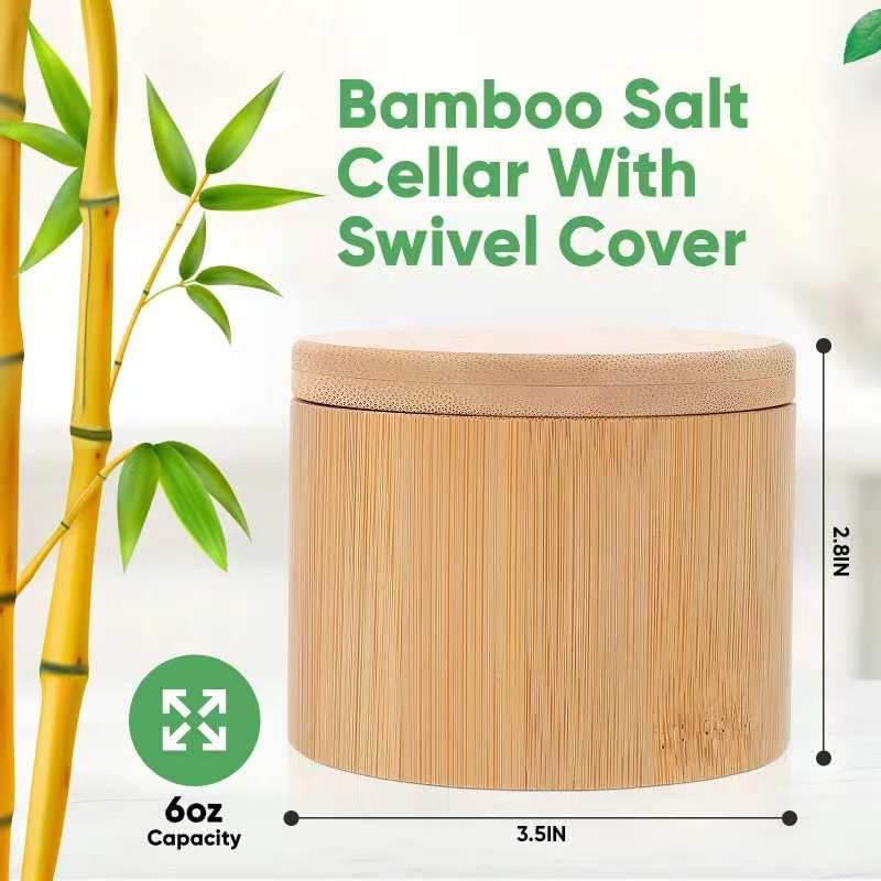 karmiero Salt Cellar, Bamboo Salt Container with Lid, Solid Salt Box Holder with 360Â° Swivel Lid for Countertop to Store Pepper Spice, Elegant Flaky Salt Containers Bowl on Your Kitchen, 6OZ - Image 2