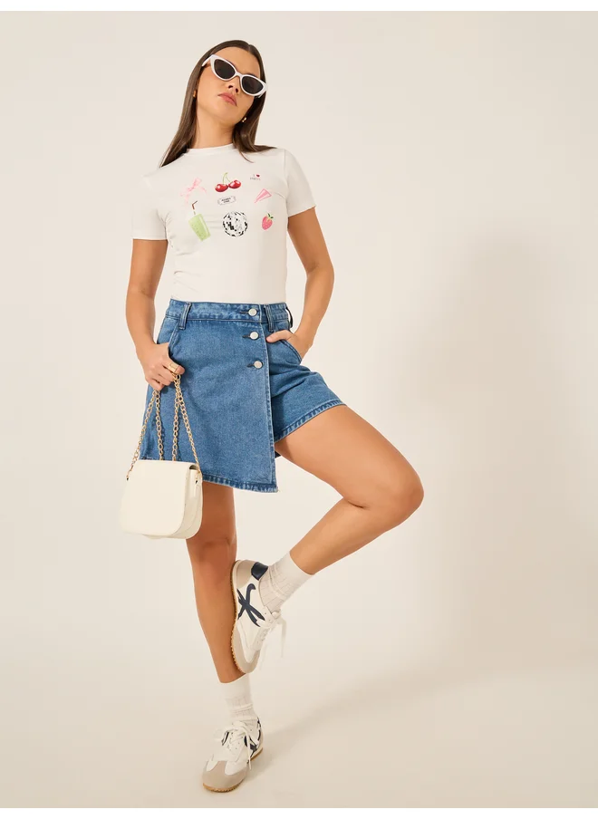 ستايلي Styli Plain Asymmetric Hem Denim Skort with Belt Loops