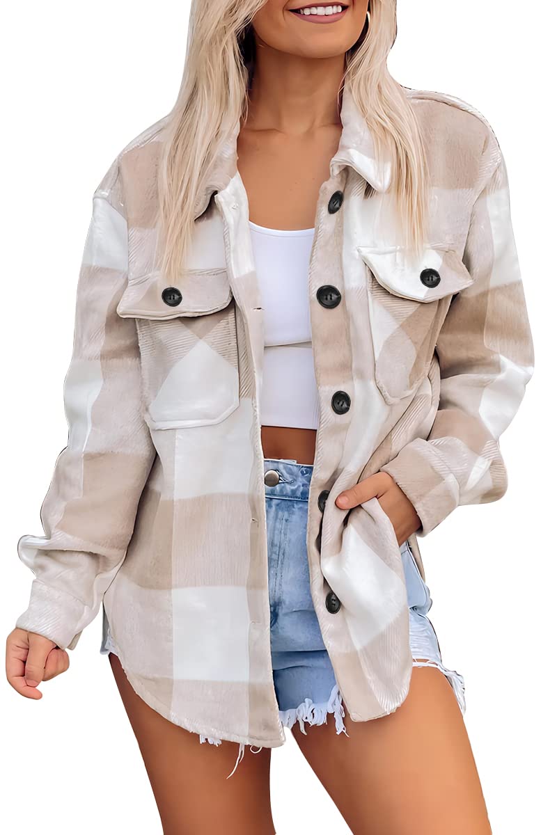 AUTOMET Shackets for Women Plaid Flannel Shirts Fall Winter Jackets Cute Tops Trendy Western Cowgirl Outfits Girls Coats Brownwhite XXL - Image 1