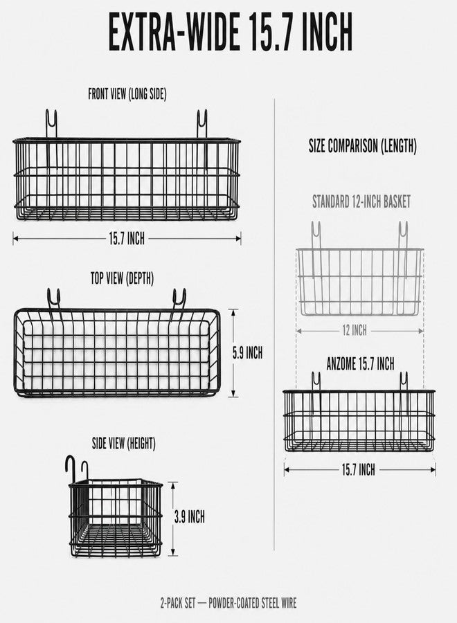 ANZOME 2 Pack 15.7 Inch Extra-Wide Hanging Wall Baskets, Sturdy Black Metal Wire Storage Basket, Fits Grid Panels with 1-2 Inch Spacing (Panel Not Included), Garage Craft Kitchen Pantry Wall Organizer - Image 2