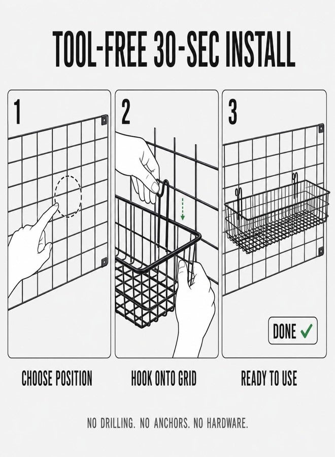 ANZOME 2 Pack 15.7 Inch Extra-Wide Hanging Wall Baskets, Sturdy Black Metal Wire Storage Basket, Fits Grid Panels with 1-2 Inch Spacing (Panel Not Included), Garage Craft Kitchen Pantry Wall Organizer - Image 3