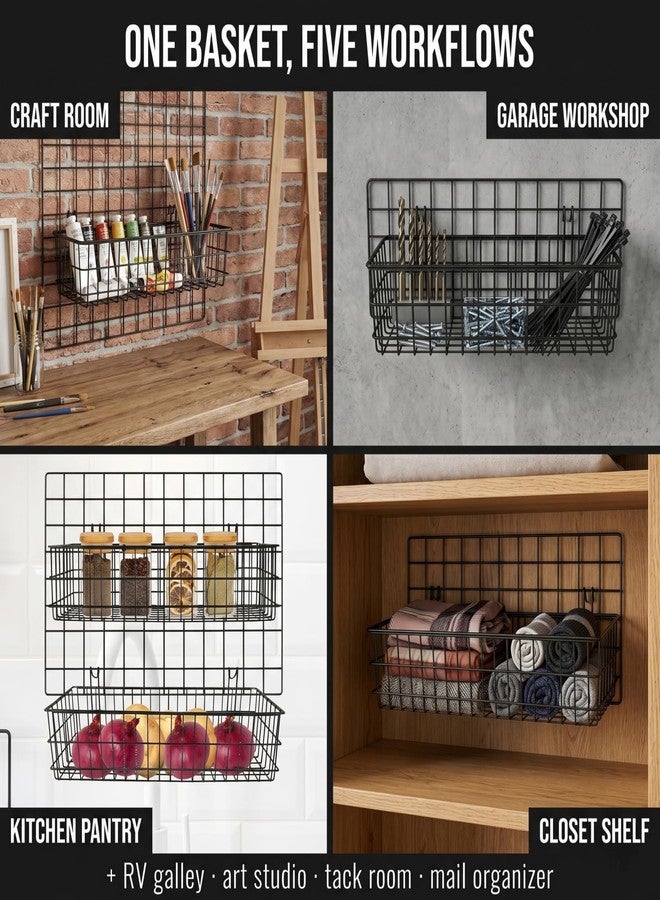 ANZOME 2 Pack 15.7 Inch Extra-Wide Hanging Wall Baskets, Sturdy Black Metal Wire Storage Basket, Fits Grid Panels with 1-2 Inch Spacing (Panel Not Included), Garage Craft Kitchen Pantry Wall Organizer - Image 4