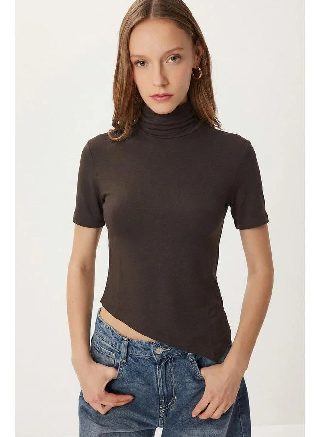 Lovely Istanbul Fisherman's Collar Asymmetric Knit Blouse LMC0090 Brown.