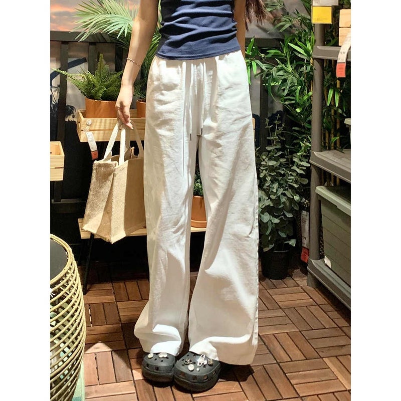 White Wide-Leg Pants For Women, New Loose Straight Denim Cotton-Linen Petite Summer Floor-Length Casual Pants - Image 2