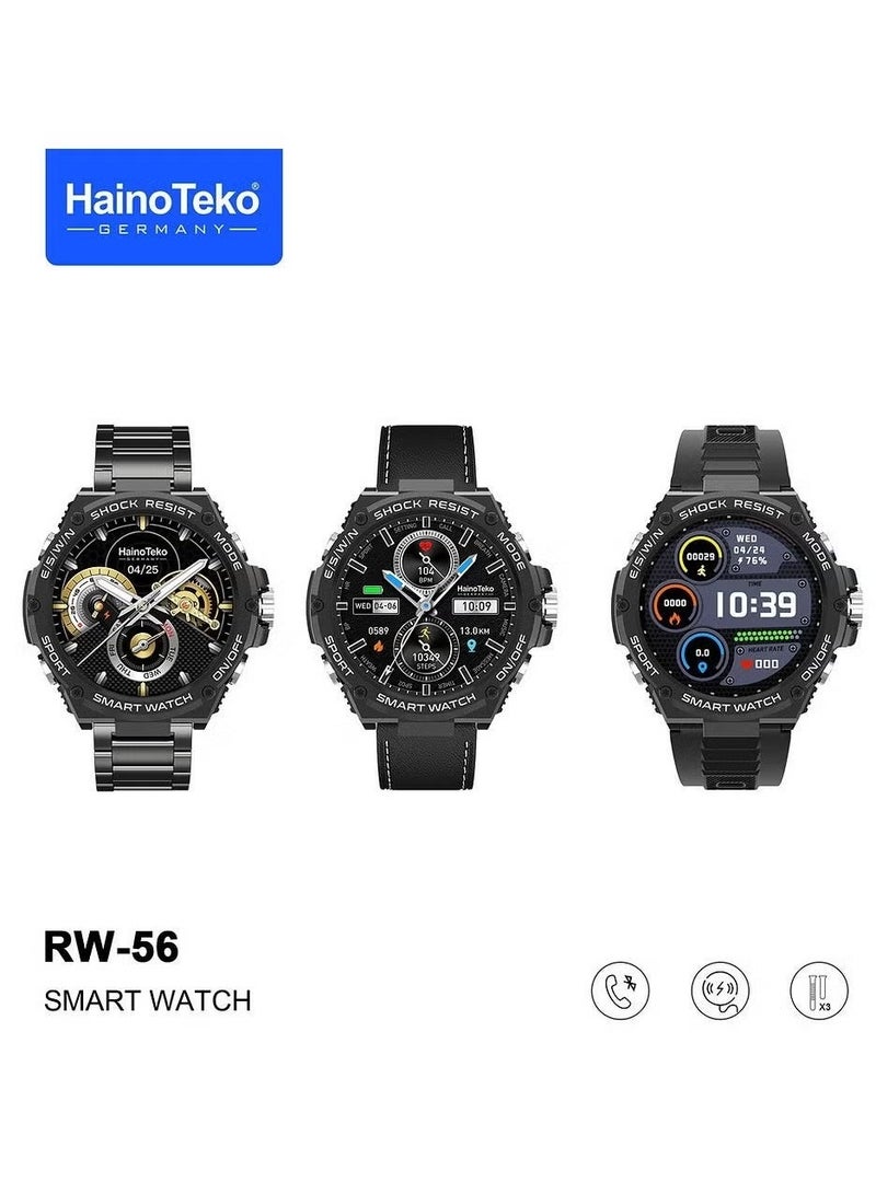 Haino Teko RW56 Round Shape AMOLED Display Smart Watch with 3 Pairs  of Straps and Wireless Charger - Stylish Black Design, Fitness Tracker, Heart Rate Monitor, Waterproof, Long Battery Life, Customizable Features for Men and Boys - Image 1
