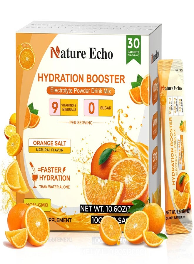 Nature Echo 1000mg High Sodium Electrolytes Powder Packets, Sugar Free Electrolyte Powder, Orange Salt Hydration Packets Drink Mix, for Fitness Enthusiast, Professional Athlete, with 30 Sticks - Image 1