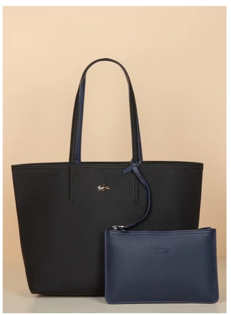 لاكوست النساء مزدوجة الجانبين لونين كبيرة السعة حقيبة اليد، عصرية متعددة الوظائف، أسود / أزرق داكن - Image 1