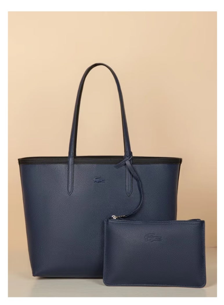 لاكوست النساء مزدوجة الجانبين لونين كبيرة السعة حقيبة اليد، عصرية متعددة الوظائف، أسود / أزرق داكن - Image 2