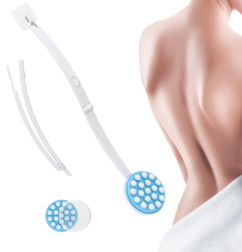 Back Scrubber: Blue 19 Rotating Rollers 5-Chamber Interior - 4-In-1 Foldable Long Handle Body Lotion Applicator for Home Travel Self Care Routines - Image 1