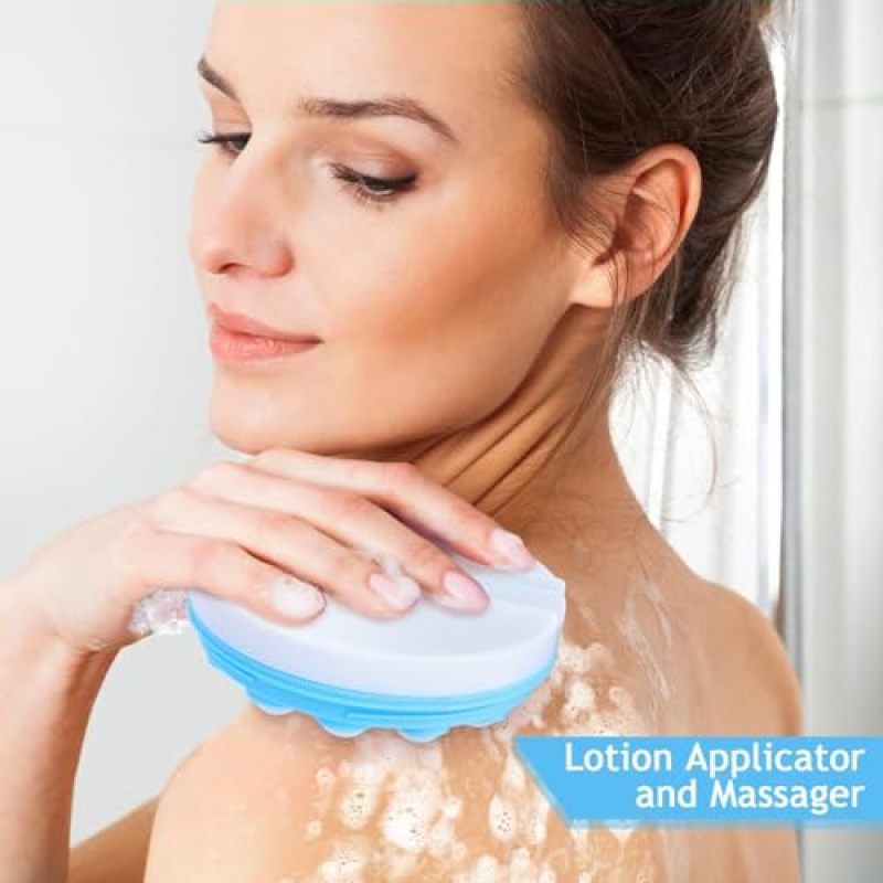 Back Scrubber: Blue 19 Rotating Rollers 5-Chamber Interior - 4-In-1 Foldable Long Handle Body Lotion Applicator for Home Travel Self Care Routines - Image 5