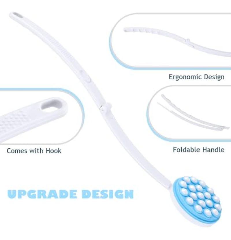 Back Scrubber: Blue 19 Rotating Rollers 5-Chamber Interior - 4-In-1 Foldable Long Handle Body Lotion Applicator for Home Travel Self Care Routines - Image 4
