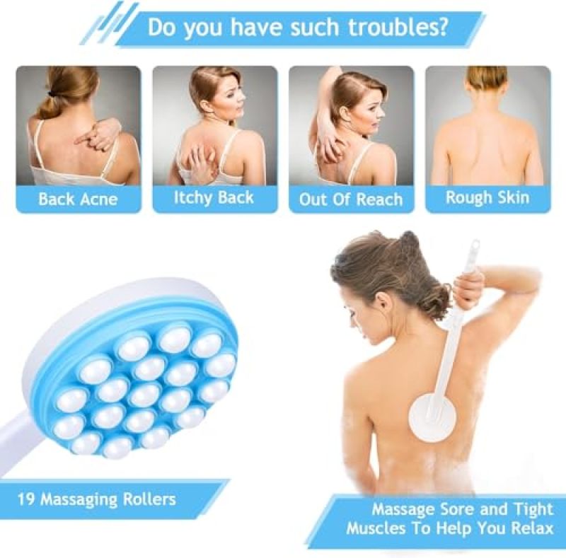 Back Scrubber: Blue 19 Rotating Rollers 5-Chamber Interior - 4-In-1 Foldable Long Handle Body Lotion Applicator for Home Travel Self Care Routines - Image 2