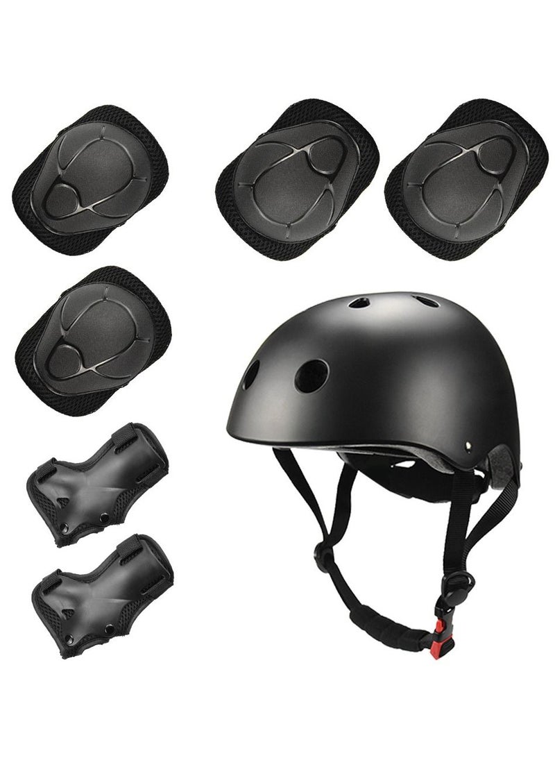 Roller skating protective gear children's helmet set of riding elbow wristband skateboard skates balance bike helmet knee pads 7 pcs - Black - Image 1