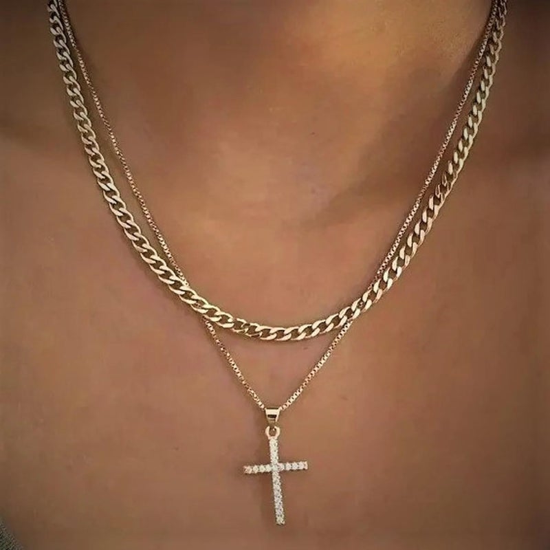 Pancert Cross Necklace for Women,Stackable Stacked Stacking Layering Layered Necklaces Dainty Gold Necklace Paperclip Box Flat Mariner Chain Necklace Cross Pendant CZ Diamond Simple Jewelry Gift - Image 5