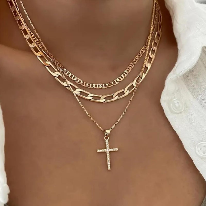Pancert Cross Necklace for Women,Stackable Stacked Stacking Layering Layered Necklaces Dainty Gold Necklace Paperclip Box Flat Mariner Chain Necklace Cross Pendant CZ Diamond Simple Jewelry Gift - Image 2