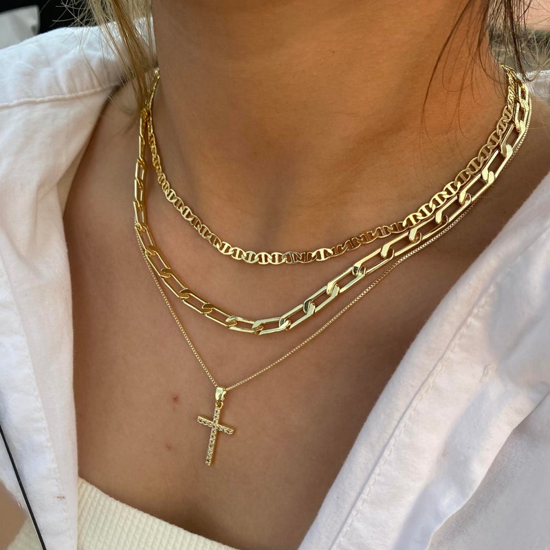 Pancert Cross Necklace for Women,Stackable Stacked Stacking Layering Layered Necklaces Dainty Gold Necklace Paperclip Box Flat Mariner Chain Necklace Cross Pendant CZ Diamond Simple Jewelry Gift - Image 4