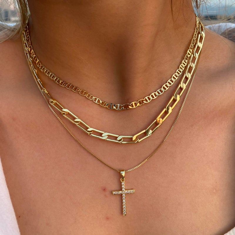 Pancert Cross Necklace for Women,Stackable Stacked Stacking Layering Layered Necklaces Dainty Gold Necklace Paperclip Box Flat Mariner Chain Necklace Cross Pendant CZ Diamond Simple Jewelry Gift - Image 3