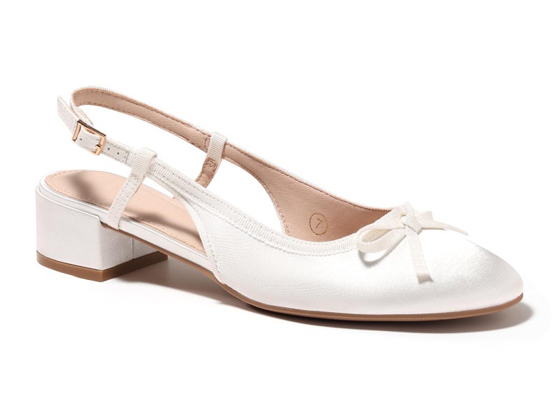 Coutgo Womens Chunky Low Heels Slingback Ballet Bow Pumps Closed Toe Wedding Dress Shoes, White Satin, Size 6 - Image 1