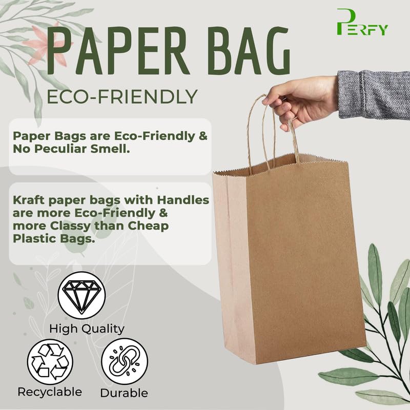 Perfy Paper Bags 6x4x8 Inchs Shopping Bags, Gift Bags|Disposable Bag| Retail Bags, Recycled Bulk, Brown Paper Bags with Handles (Pack of 75) - Image 2