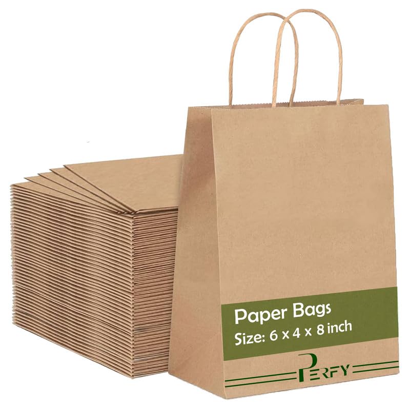 Perfy Paper Bags 6x4x8 Inchs Shopping Bags, Gift Bags|Disposable Bag| Retail Bags, Recycled Bulk, Brown Paper Bags with Handles (Pack of 75) - Image 1