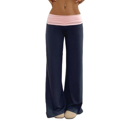Yoawdats Fold Over Yoga Pants for Women Wide Leg Sweatpants Low Rise Flare Lounge Pant Bell Bottoms Y2K Foldover Pants (US, Alpha, Large, Regular, Regular, Blue a) - Image 1