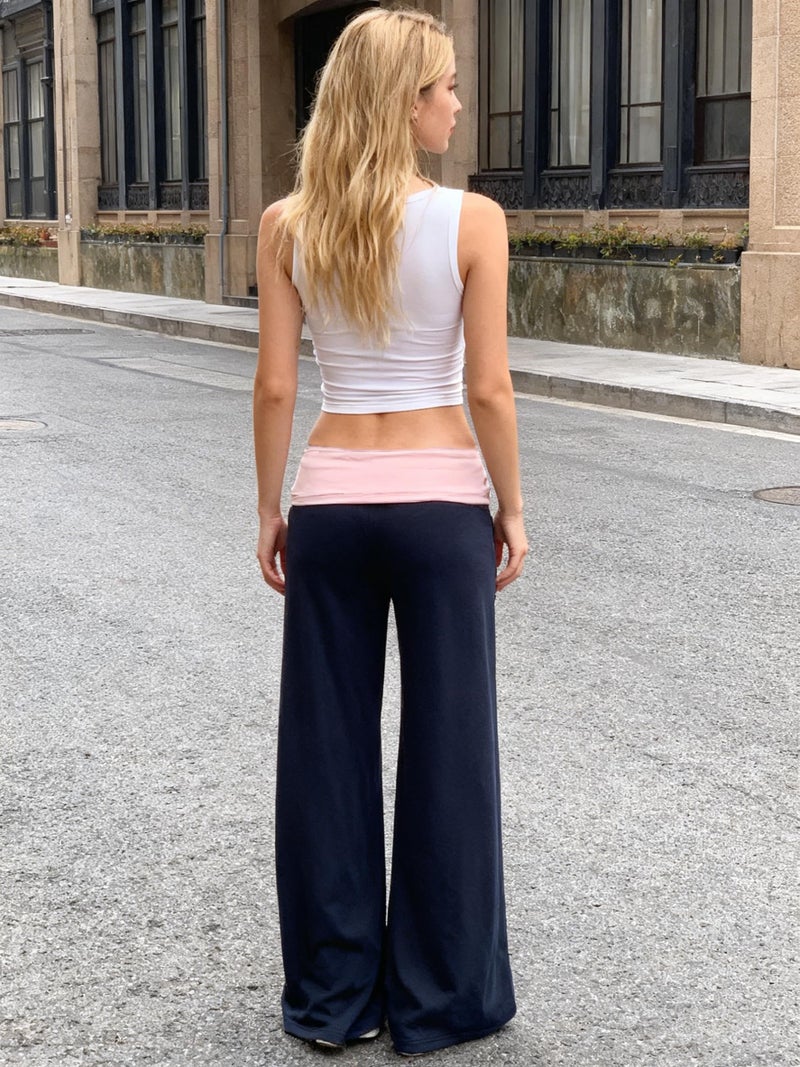 Yoawdats Fold Over Yoga Pants for Women Wide Leg Sweatpants Low Rise Flare Lounge Pant Bell Bottoms Y2K Foldover Pants (US, Alpha, Large, Regular, Regular, Blue a) - Image 3