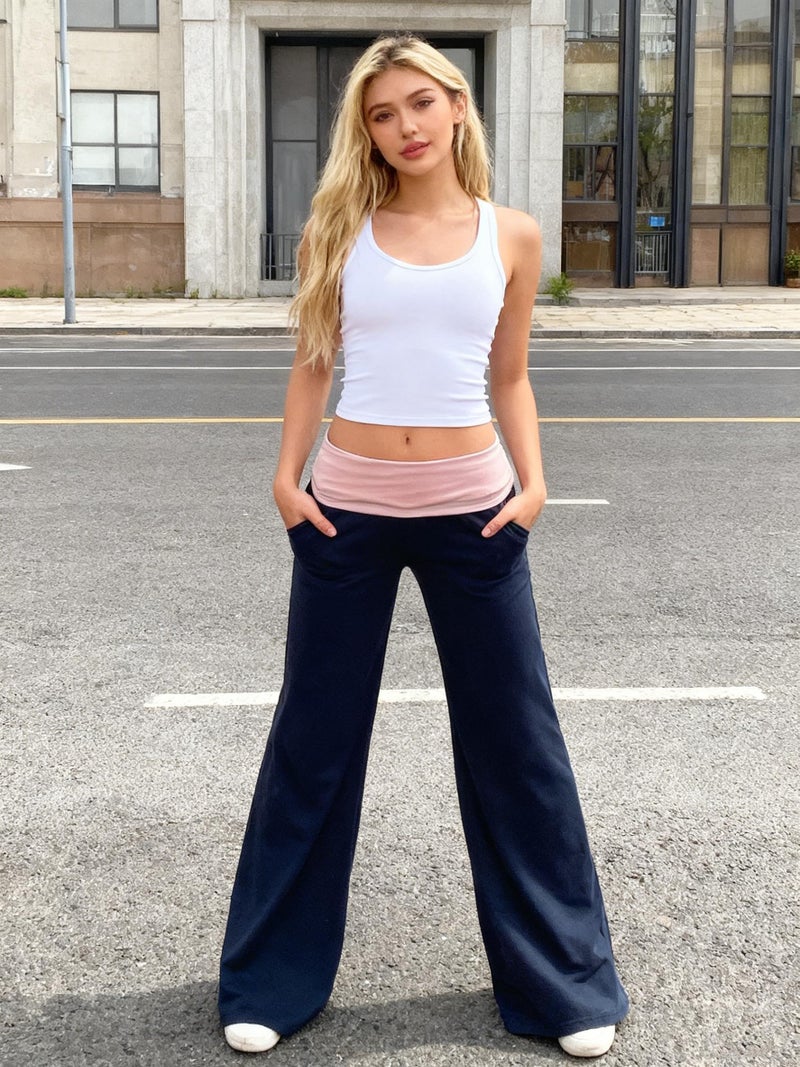 Yoawdats Fold Over Yoga Pants for Women Wide Leg Sweatpants Low Rise Flare Lounge Pant Bell Bottoms Y2K Foldover Pants (US, Alpha, Large, Regular, Regular, Blue a) - Image 2