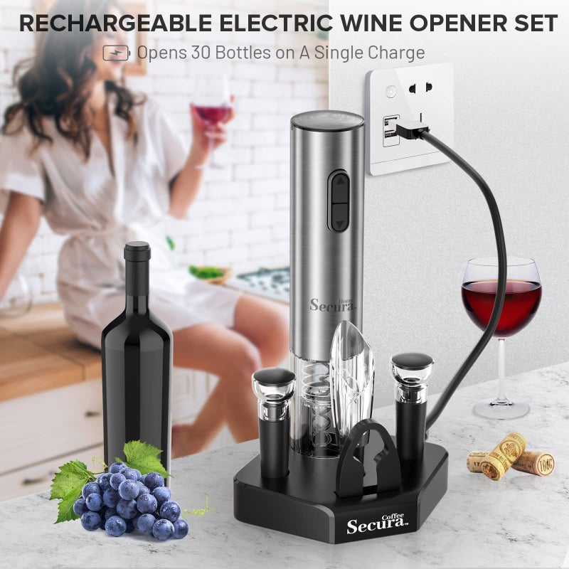 Secura Home Secura Electric Wine Opener Set, Type C Cordless Rechargeable Corkscrew Wine Bottle Opener with Storage Base, Wine Aerator, 2 Vacuum Wine Stoppers, Foil Cutter for Wine Lover Gift Kit  - Image 4