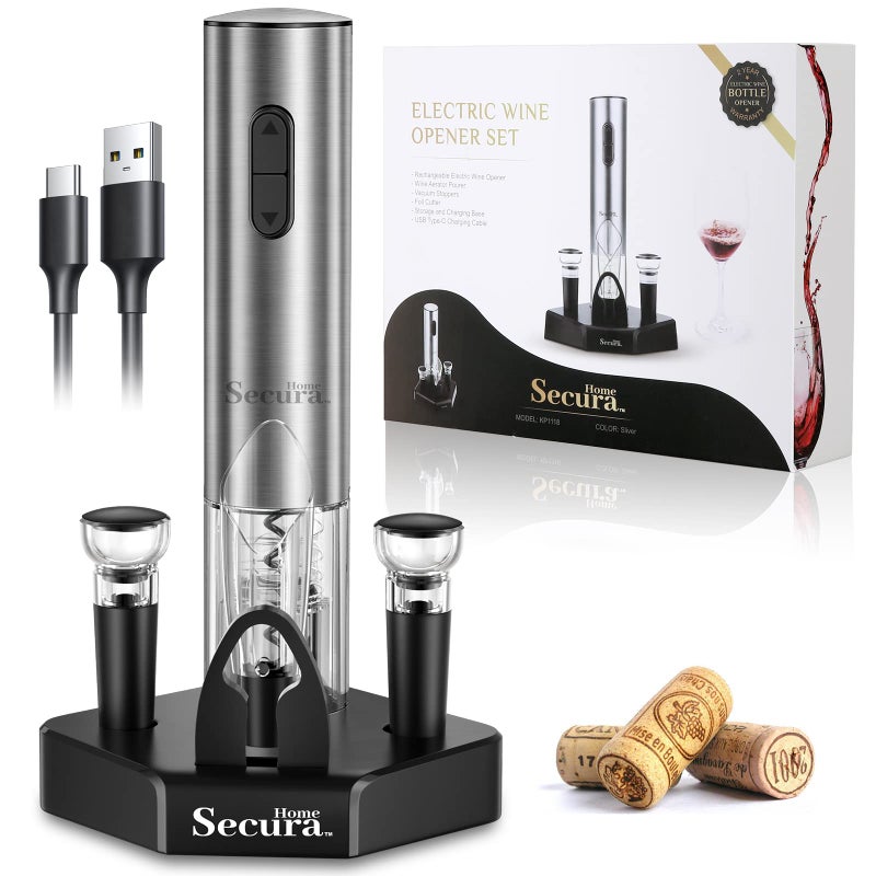 Secura Home Secura Electric Wine Opener Set, Type C Cordless Rechargeable Corkscrew Wine Bottle Opener with Storage Base, Wine Aerator, 2 Vacuum Wine Stoppers, Foil Cutter for Wine Lover Gift Kit  - Image 1