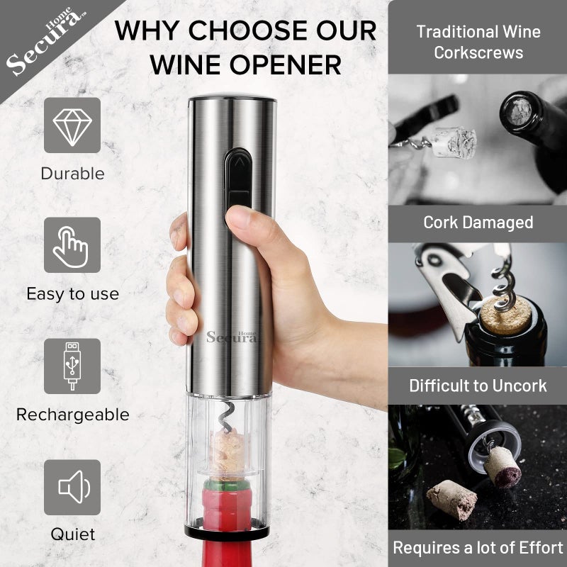 Secura Home Secura Electric Wine Opener Set, Type C Cordless Rechargeable Corkscrew Wine Bottle Opener with Storage Base, Wine Aerator, 2 Vacuum Wine Stoppers, Foil Cutter for Wine Lover Gift Kit  - Image 2