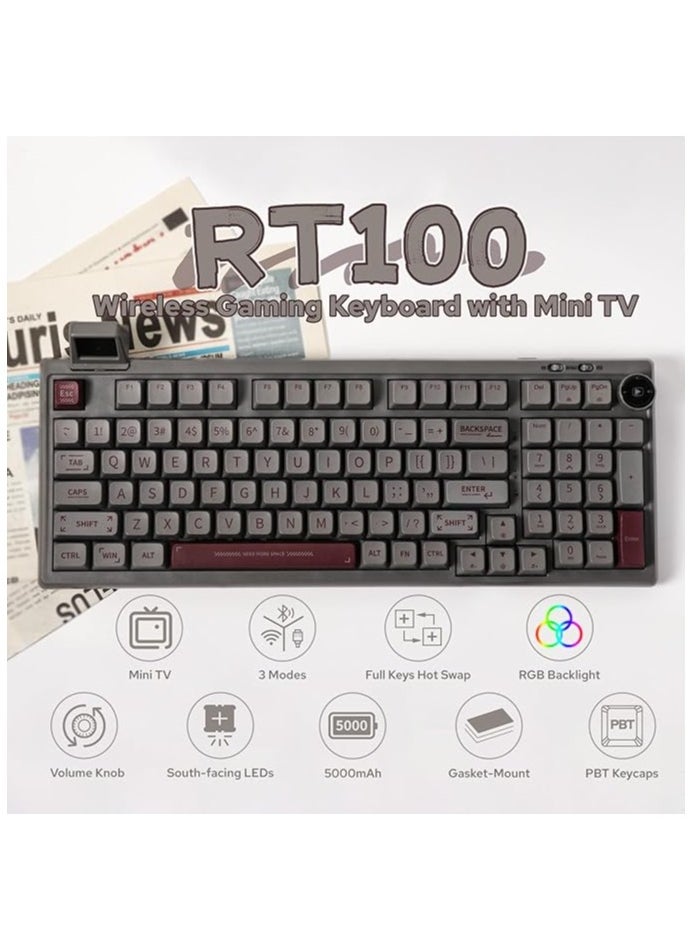erorex - RT100 97 Keys Gasket BT5.0/2.4G/USB-C Mechanical Keyboard with Customizable Display Screen, Knob, Hot Swappable Socket, 5000mAh Battery for Win/Mac(RT100 Grey, Sea Salt Silent Switch) - Image 1