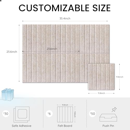Kciplab Large Cork Bulletin Board for Wall 36"x24", 6 Pack Felt Slat Wall Panel Tiles with 50 Pushpins, 30 Safe Removable Adhesive Tabs, Decorative Pin Board Tack Board for Office Home School (Beige, 36"x24") - Image 4