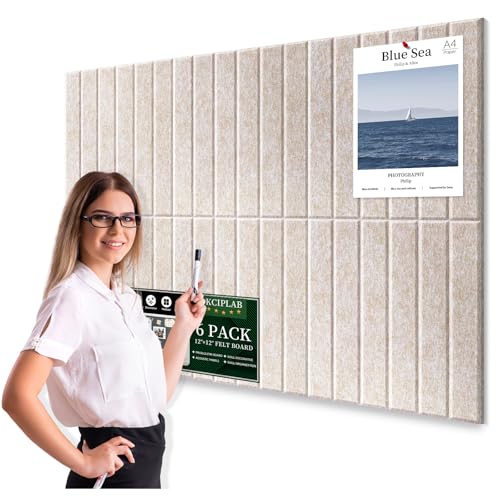 Kciplab Large Cork Bulletin Board for Wall 36"x24", 6 Pack Felt Slat Wall Panel Tiles with 50 Pushpins, 30 Safe Removable Adhesive Tabs, Decorative Pin Board Tack Board for Office Home School (Beige, 36"x24") - Image 1