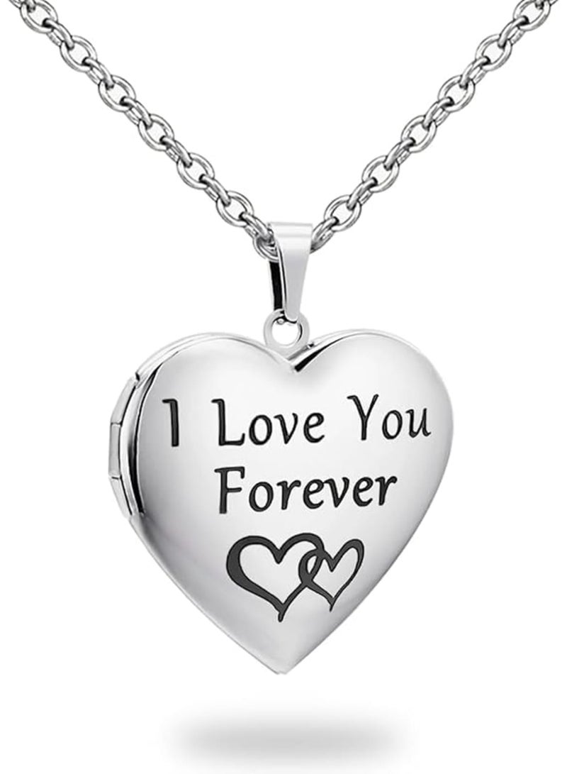 SYOSI Heart Locket Necklace, Silver Photo Lockets with Engraved Text for Girls and Women, Holds Pictures for Personalization, Birthday Gifts and Special Occasions, Adjustable Chain, Silver - Image 1