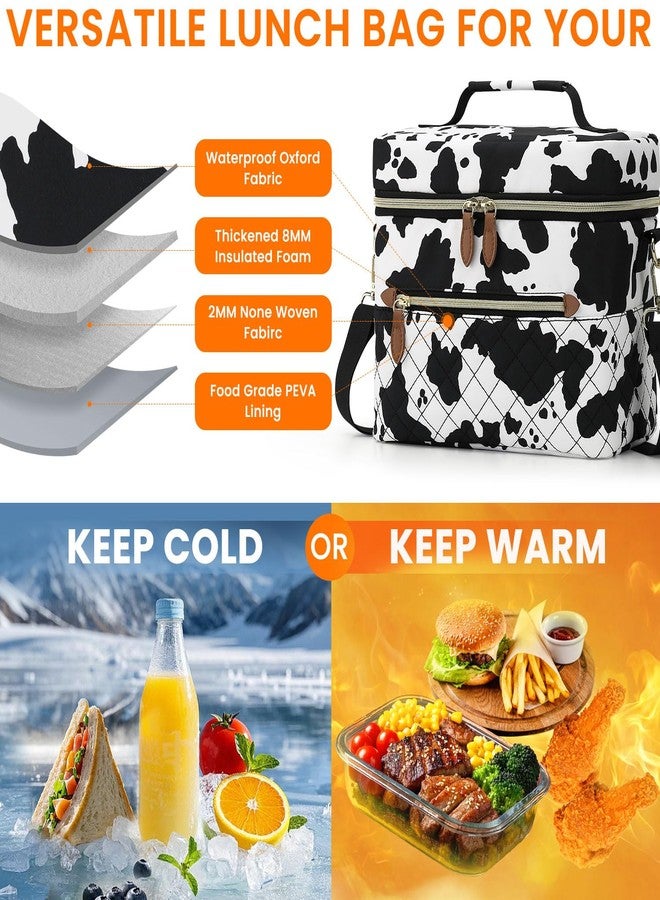 Tenot Insulated Lunch Box for Women Reusable, Leak Proof Cooler Lunch Bag Women for Work Stylish Quilted Lunch Tote Bag for Adult Picnic Travel Hiking Cow Print - Image 2