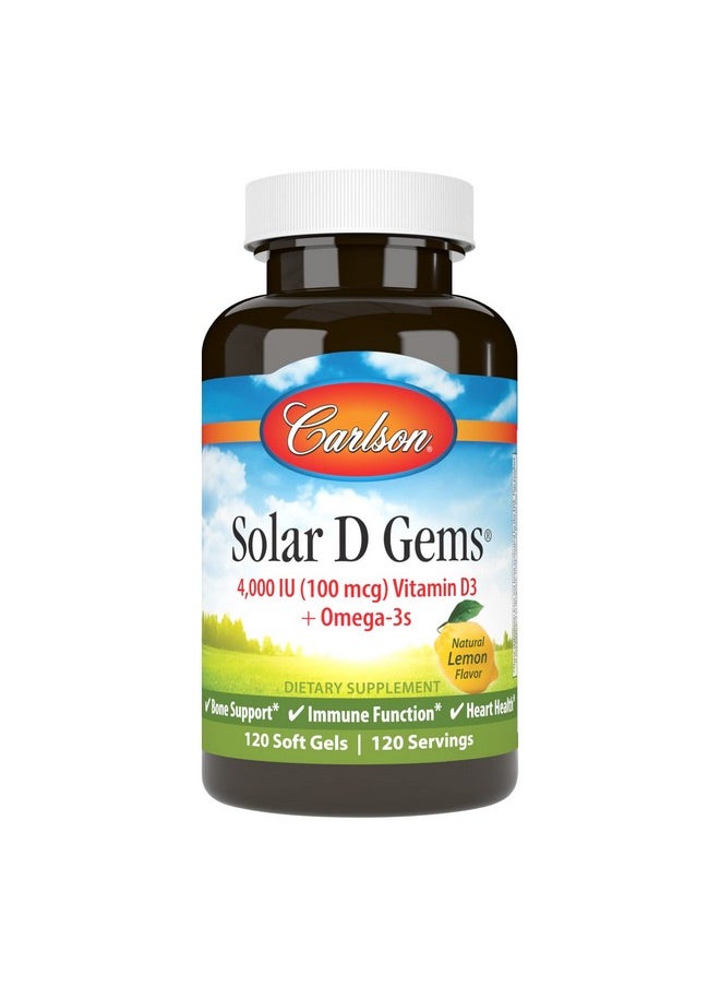 Carlson - Carlson - Solar D Gems, Vitamin D3 and Omega-3 Supplement, 4000 IU (100 mcg) D3, 115 mg Omega-3 EPA and DHA, Vitamin D Fish Oil Capsule, Bone & Immune Health, Vitamin D Supplement, Lemon, 120 Softgels - Image 1