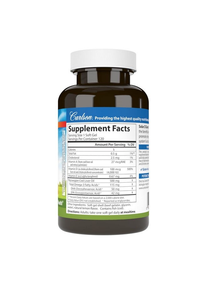 Carlson - Carlson - Solar D Gems, Vitamin D3 and Omega-3 Supplement, 4000 IU (100 mcg) D3, 115 mg Omega-3 EPA and DHA, Vitamin D Fish Oil Capsule, Bone & Immune Health, Vitamin D Supplement, Lemon, 120 Softgels - Image 1