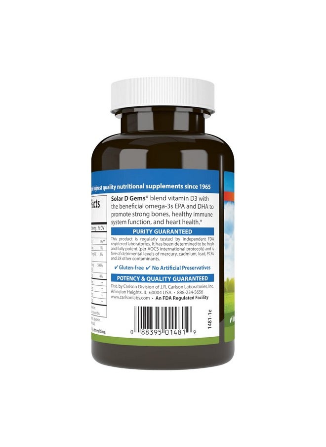 Carlson - Carlson - Solar D Gems, Vitamin D3 and Omega-3 Supplement, 4000 IU (100 mcg) D3, 115 mg Omega-3 EPA and DHA, Vitamin D Fish Oil Capsule, Bone & Immune Health, Vitamin D Supplement, Lemon, 120 Softgels - Image 1