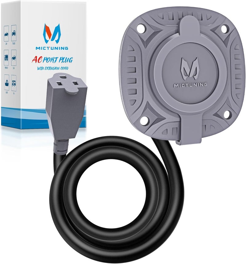 MICTUNING 15Amp 125V AC Port Plug with 20" Integrated Heavy Duty Extension Cord and Water-Resistant Cap - Silver Gray - Image 1