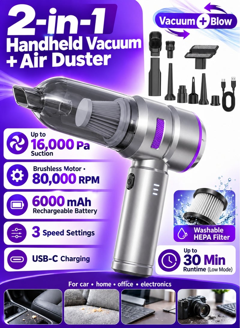 XVersion Car Vacuum 2-in-1 Handheld Vacuum Cleaner & Compressed Air Duster. Car Vacuum Cleaner Strong, 3-Speed 16,000PA & Electric Dust Blower for Electronics, Car, Kichen, PC (Gray with Purpel) - Image 1