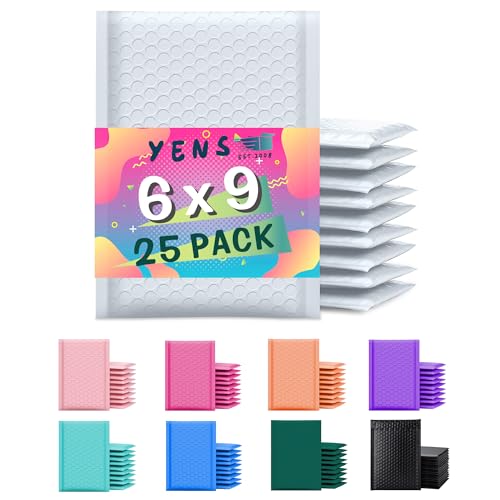 Yens Poly Bubble Mailers 6x10 25 Pack White Waterproof Self Seal Adhesive Shipping Bags, Cushioning Padded Envelopes for Shipping, Mailing, Packaging Usable 6x9 - Image 1