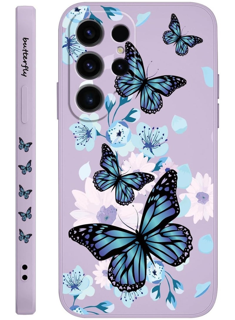 حافظة لجهاز Galaxy S24 Ultra، تصميم نمط فراشة زهور قطة كيوت، حماية رقيقة وأنيقة ضد الصدمات، غطاء واقي لهاتف سامسونج جالاكسي S24 Ultra مقاس 6.8 بوصة - فراشة أورورا باللون البنفسجي - Image 1