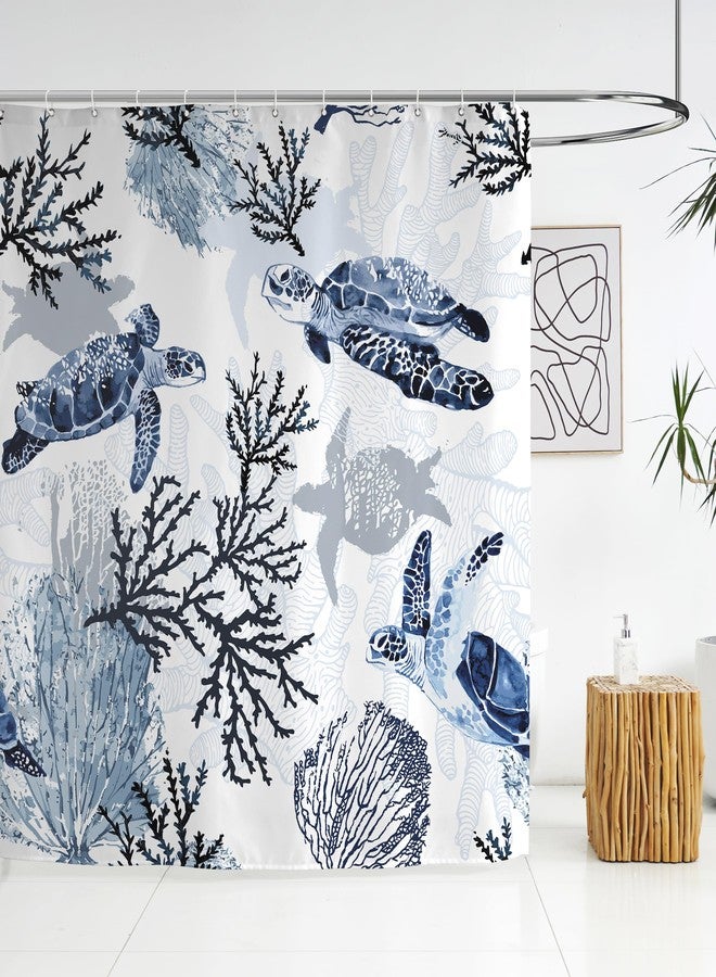 weesire Nautical Coastal Shower Curtain Beach Sea Turtle Print Bath Curtain Ocean Waterproof Fabric Shower Curtains for Bathroom with 12 White Plastic Hooks, 72 x 72 Inch, Navy Blue - Image 5