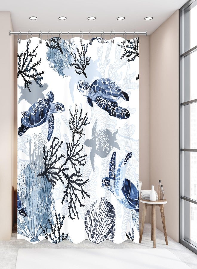 weesire Nautical Coastal Shower Curtain Beach Sea Turtle Print Bath Curtain Ocean Waterproof Fabric Shower Curtains for Bathroom with 12 White Plastic Hooks, 72 x 72 Inch, Navy Blue - Image 3