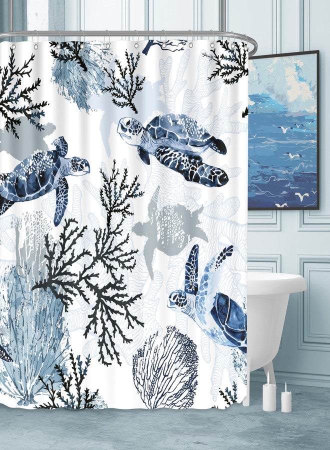 weesire Nautical Coastal Shower Curtain Beach Sea Turtle Print Bath Curtain Ocean Waterproof Fabric Shower Curtains for Bathroom with 12 White Plastic Hooks, 72 x 72 Inch, Navy Blue - Image 1