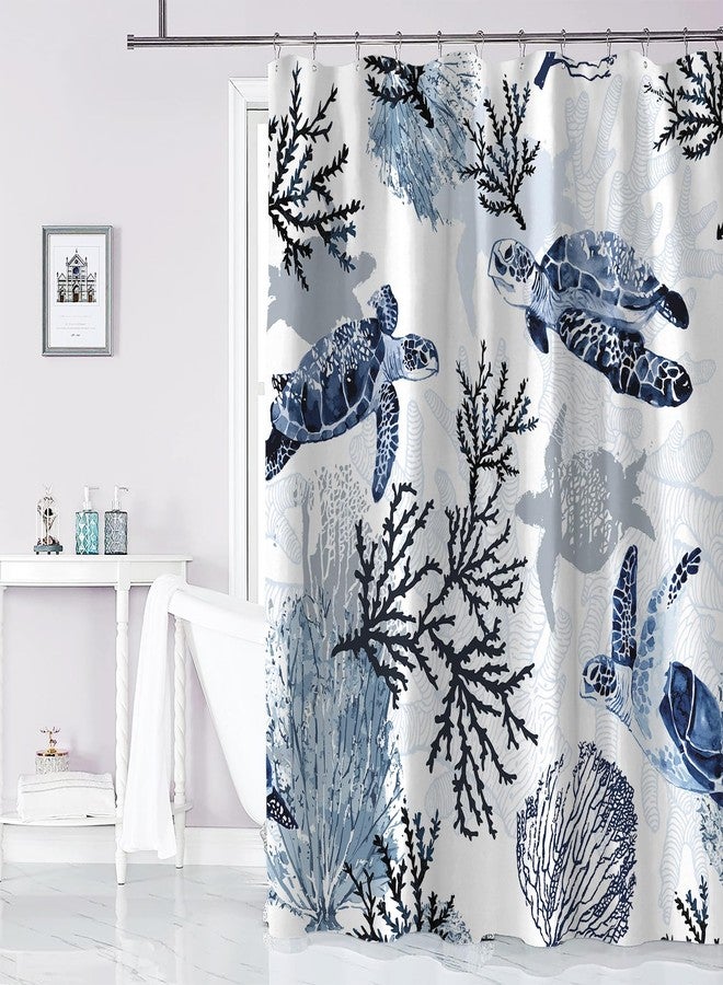 weesire Nautical Coastal Shower Curtain Beach Sea Turtle Print Bath Curtain Ocean Waterproof Fabric Shower Curtains for Bathroom with 12 White Plastic Hooks, 72 x 72 Inch, Navy Blue - Image 2