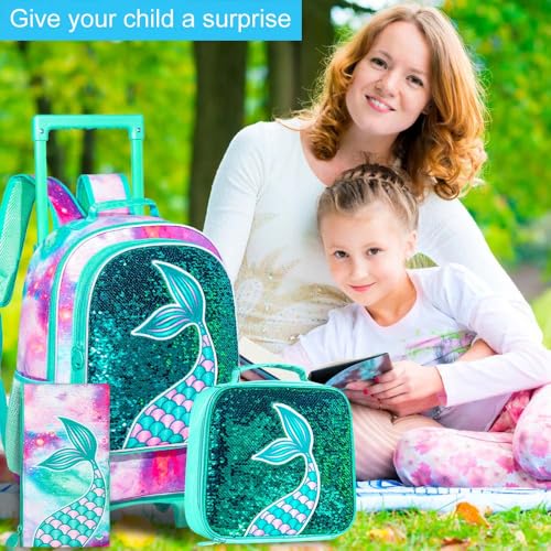 GXTVO Girls Rolling Backpack, Kids Wheels Bookbag - Roller Elementary Sequin School Bag - 3PCS Unicorn Mermaid Green - Image 2