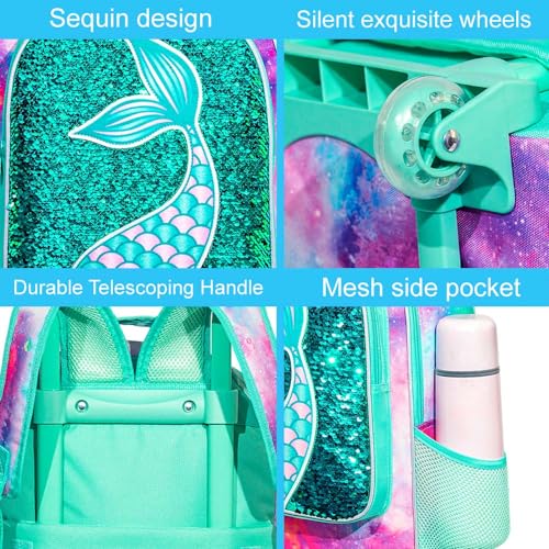GXTVO Girls Rolling Backpack, Kids Wheels Bookbag - Roller Elementary Sequin School Bag - 3PCS Unicorn Mermaid Green - Image 5